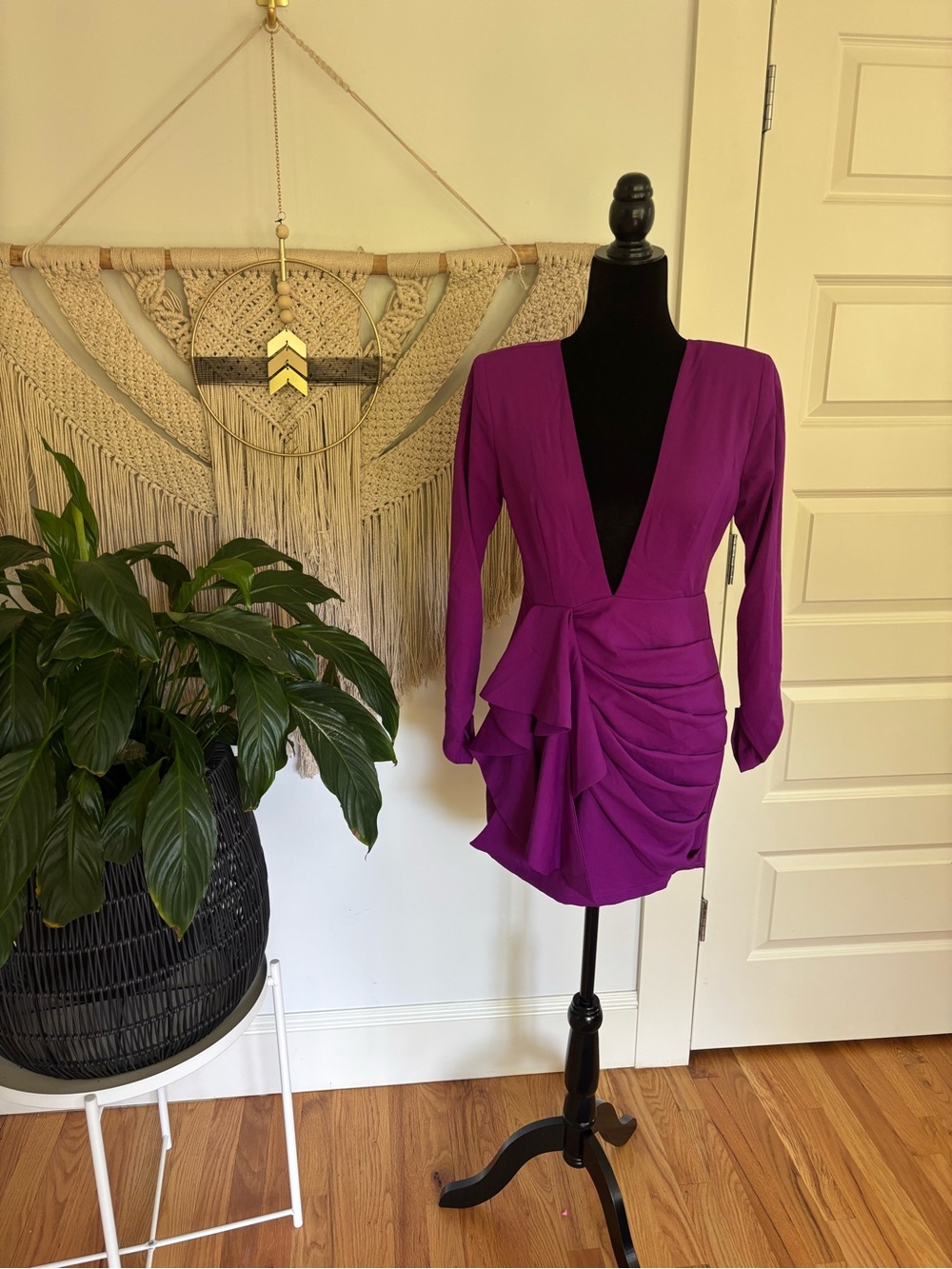 Fashion Nova Plum Deep V Ruched Long Sleeve Mini Dress